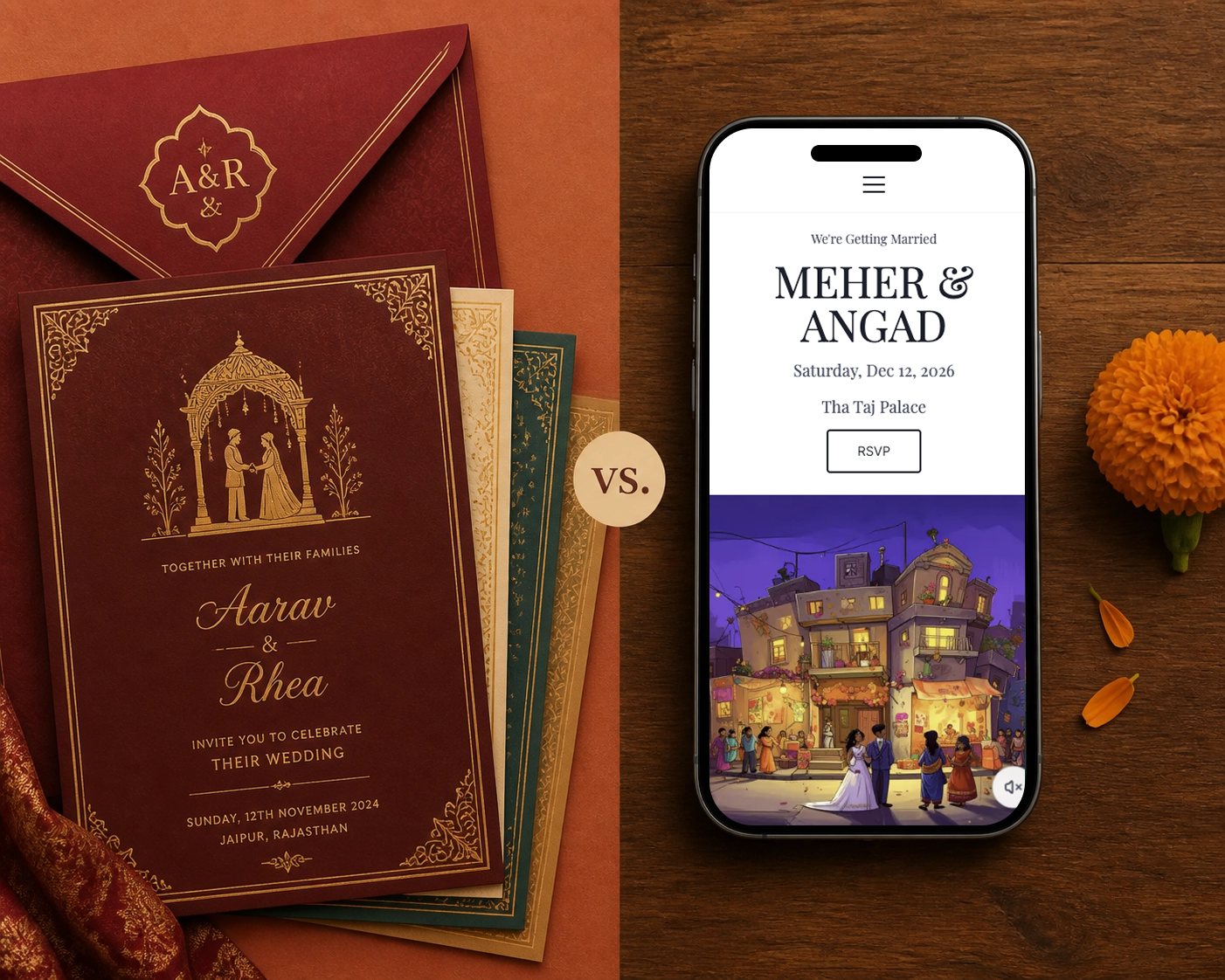 Comparison of traditional printed Indian wedding invitations versus a modern digital wedding invitation on a smartphone.