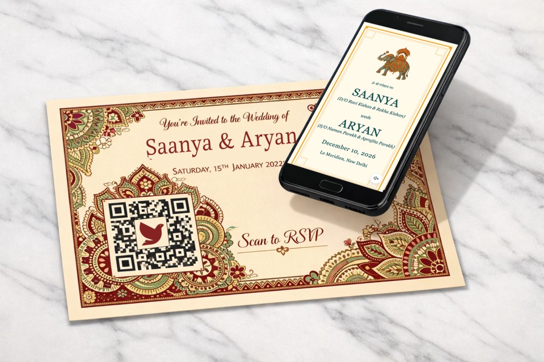 Indian wedding invitation with QR code linking to online RSVP and wedding website