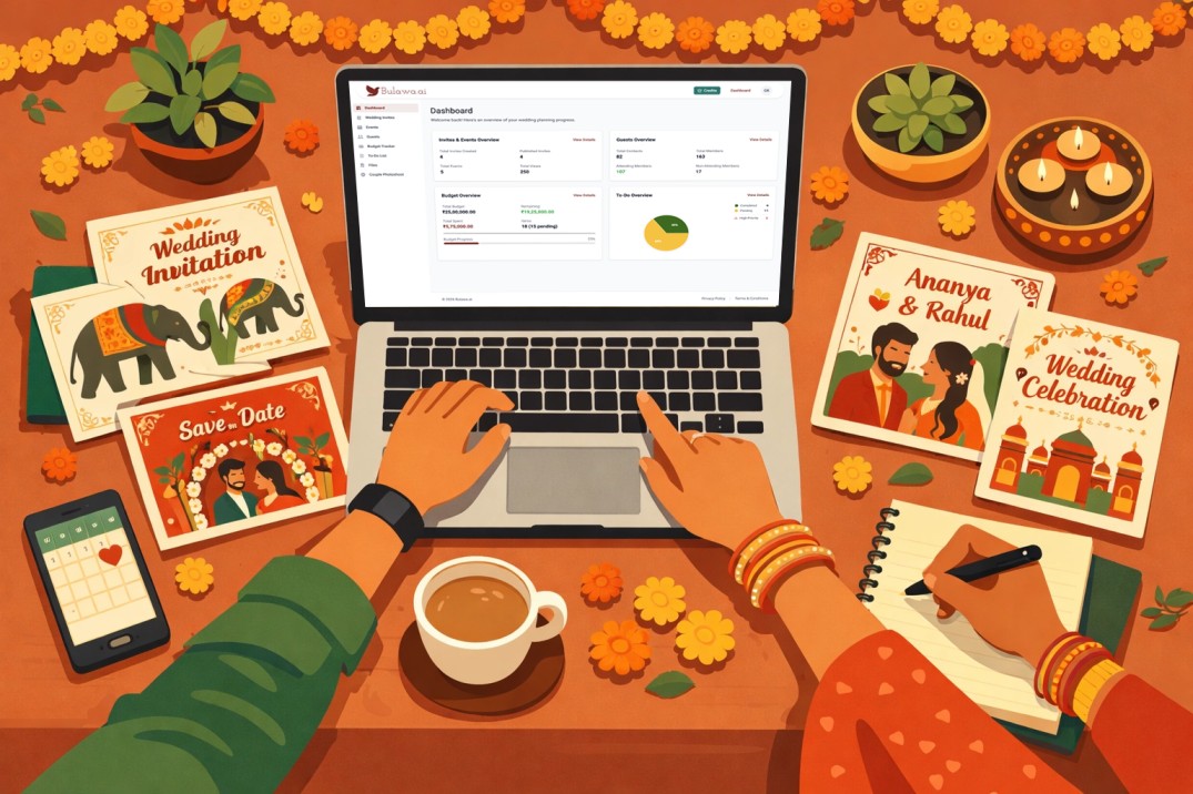 Wedding planning workspace blending printed Indian invitations with digital tools